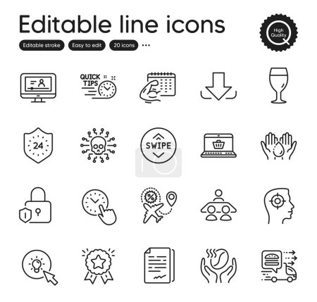 Téléchargez les illustrations : Set of Business outline icons. Contains icons as Ranking star, 24 hours and Food delivery elements. Time management, Wash hands, Lock web signs. Swipe up, Flight sale, Energy elements. Vector - en licence libre de droit
