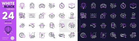 Illustration for Waves, Packing boxes and Taxi line icons for website, printing. Collection of Train, Parking, Delivery box icons. Open box, Luggage insurance, Search flight web elements. Bumper cars. Vector - Royalty Free Image