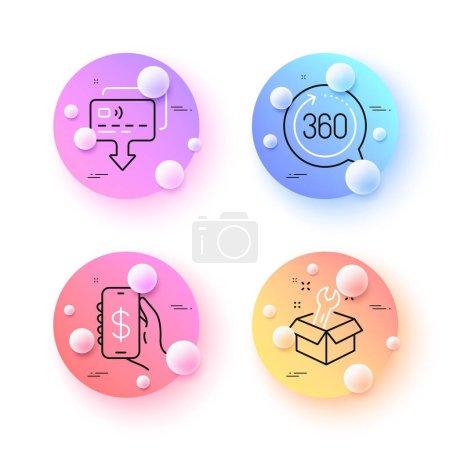 Illustration for 360 degrees, Card and Spanner minimal line icons. 3d spheres or balls buttons. Money app icons. For web, application, printing. Full rotation, Send payment, Repair service. Smartphone cash. Vector - Royalty Free Image