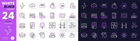 Téléchargez les illustrations : Puzzle, Cloud system and Mindfulness stress line icons for website, printing. Collection of Update data, Windy weather, Chemical hazard icons. Multichannel, Solar panels. Bicolor outline icon. Vector - en licence libre de droit