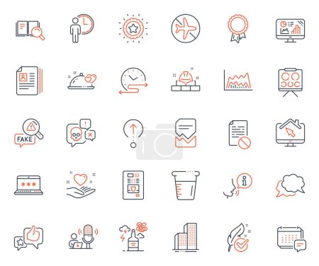 Illustration for Business icons set. Included icon as Fake news, Chat message and Like web elements. Corrupted file, Coffee vending, Success icons. Cyber attack, Message, Search book web signs. Swipe up. Vector - Royalty Free Image