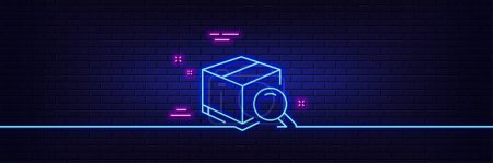 Illustration for Neon light glow effect. Search package line icon. Delivery box sign. Parcel tracking symbol. 3d line neon glow icon. Brick wall banner. Search package outline. Vector - Royalty Free Image