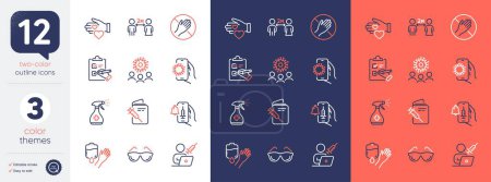 Illustration for Set of Vaccination passport, Medical cleaning and Coronavirus line icons. Include Blood, Eyeglasses, Vaccine announcement icons. Volunteer, Dont touch, Checklist web elements. Covid app. Vector - Royalty Free Image