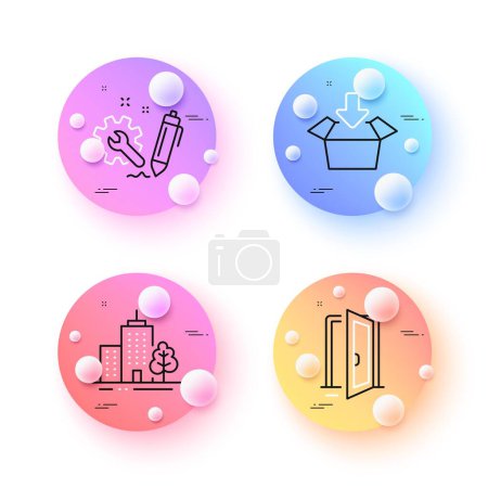 Illustration for Get box, Skyscraper buildings and Open door minimal line icons. 3d spheres or balls buttons. Engineering icons. For web, application, printing. Send package, Town architecture, Entrance. Vector - Royalty Free Image