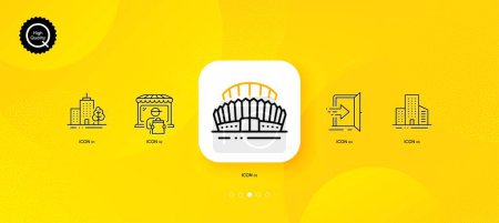 Téléchargez les illustrations : Buildings, Entrance and Sports stadium minimal line icons. Yellow abstract background. Delivery market, Skyscraper buildings icons. For web, application, printing. Vector - en licence libre de droit