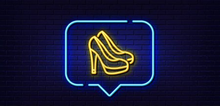Illustration for Neon light speech bubble. Women shoes line icon. Female footwear sign. Fashion high heels symbol. Neon light background. Shoes glow line. Brick wall banner. Vector - Royalty Free Image