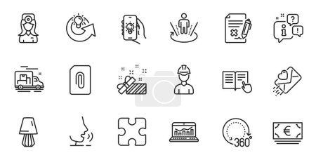 Illustration for Outline set of Share idea, Euro currency and Present line icons for web application. Talk, information, delivery truck outline icon. Vector - Royalty Free Image