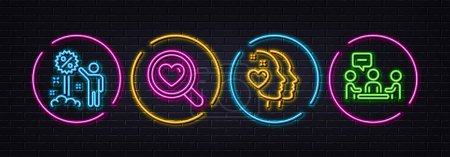 Illustration for Search love, Heart and Discount minimal line icons. Neon laser 3d lights. People chatting icons. For web, application, printing. Dating service, Love head, Sale shopping. Conference. Vector - Royalty Free Image