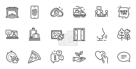 Illustration for Outline set of Online market, Tree and Pizza line icons for web application. Talk, information, delivery truck outline icon. Include Puzzle image, Fingerprint, Hold heart icons. Vector - Royalty Free Image