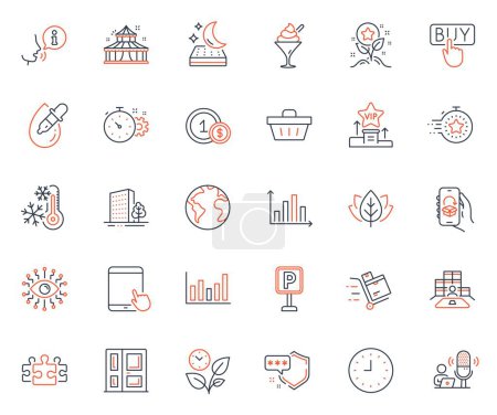 Illustration for Business icons set. Included icon as Column chart, Buying and Tablet pc web elements. Puzzle, Organic tested, Clock icons. Artificial intelligence, Timer, Mattress web signs. Ice cream. Vector - Royalty Free Image
