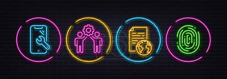 Illustration for Employees teamwork, Internet document and Smartphone repair minimal line icons. Neon laser 3d lights. Fingerprint icons. For web, application, printing. Collaboration, Web page, Phone recovery. Vector - Royalty Free Image