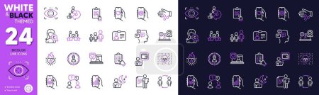 Ilustración de Shift, Heart flame and Business hierarchy line icons for website, printing. Collection of Workflow, Dating app, Video conference icons. Id card, Wallet, Collagen skin web elements. Vector - Imagen libre de derechos