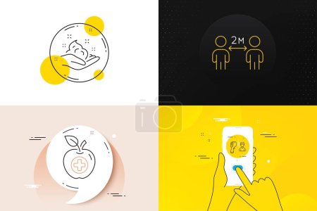 Téléchargez les illustrations : Minimal set of Skin care, Electronic thermometer and Social distancing line icons. Phone screen, Quote banners. Medical food icons. For web development. Vector - en licence libre de droit