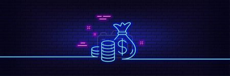 Illustration for Neon light glow effect. Coins bag line icon. Cash money sign. Income savings symbol. 3d line neon glow icon. Brick wall banner. Coins bag outline. Vector - Royalty Free Image