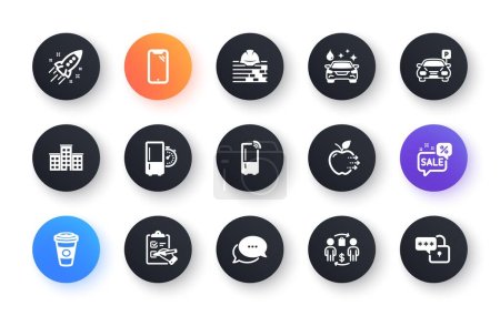 Téléchargez les illustrations : Minimal set of Buying process, Discounts bubble and Parking flat icons for web development. Company, Car wash, Smartphone icons. Takeaway coffee, Startup rocket. Circle buttons with icon. Vector - en licence libre de droit