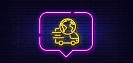 Illustration for Neon light speech bubble. Global business line icon. Delivery service sign. Internet marketing symbol. Neon light background. Delivery service glow line. Brick wall banner. Vector - Royalty Free Image