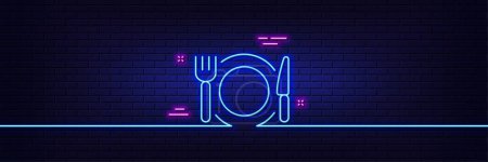 Illustration for Neon light glow effect. Restaurant food line icon. Dinner sign. Hotel service symbol. 3d line neon glow icon. Brick wall banner. Restaurant food outline. Vector - Royalty Free Image