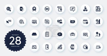 Illustration for Set of Technology icons, such as Spanner, Chat and 5g wifi flat icons. Alarm bell, Internet search, Notebook service web elements. Message, Work home, Technical documentation signs. Star. Vector - Royalty Free Image