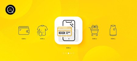 Ilustración de T-shirt, Wash t-shirt and Online shopping minimal line icons. Yellow abstract background. Wallet, Shopping trolley icons. For web, application, printing. Vector - Imagen libre de derechos
