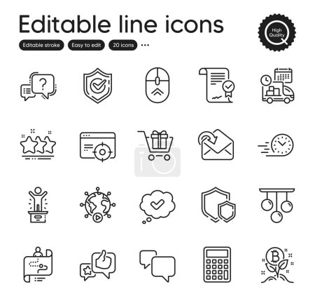 Téléchargez les illustrations : Set of Technology outline icons. Contains icons as Winner podium, Question mark and Video conference elements. Like, Seo targeting, Approved agreement web signs. Journey path, Approved. Vector - en licence libre de droit