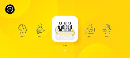 Téléchargez les illustrations : Like hand, Dont touch and Queue minimal line icons. Yellow abstract background. Election candidate, Stress icons. For web, application, printing. Thumbs up, Clean hand, People waiting. Vector - en licence libre de droit