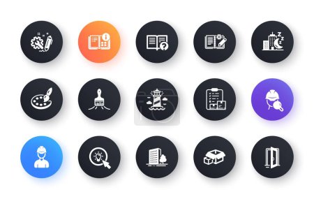 Illustration for Minimal set of Buildings, Help and Foreman flat icons for web development. Night city, Packing boxes, Brush icons. Inspect, Lighthouse, Inventory checklist web elements. Palette, Energy. Vector - Royalty Free Image