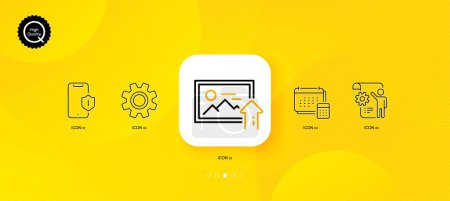 Téléchargez les illustrations : Account, Upload photo and Service minimal line icons. Yellow abstract background. Settings blueprint, Smartphone protection icons. For web, application, printing. Vector - en licence libre de droit
