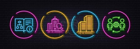 Illustration for Technical algorithm, Inspect and Skyscraper buildings minimal line icons. Neon laser 3d lights. Engineering team icons. For web, application, printing. Vector - Royalty Free Image