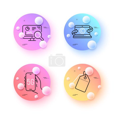 Illustration for Copywriting notebook, Sale tags and 5g internet minimal line icons. 3d spheres or balls buttons. Seo analytics icons. For web, application, printing. Vector - Royalty Free Image