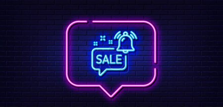 Illustration for Neon light speech bubble. Promotion bell line icon. Sale Alarm reminder sign. Notification offer symbol. Neon light background. Promotion bell glow line. Brick wall banner. Vector - Royalty Free Image