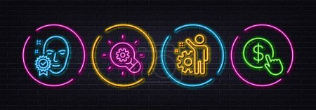 Illustration for Innovation, Employee and Face verified minimal line icons. Neon laser 3d lights. Buy currency icons. For web, application, printing. Light bulb, Cogwheel, Access granted. Money exchange. Vector - Royalty Free Image