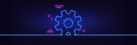 Illustration for Neon light glow effect. Cogwheel line icon. Service sign. Transmission Rotation Mechanism symbol. 3d line neon glow icon. Brick wall banner. Service outline. Vector - Royalty Free Image