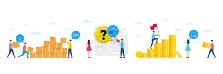 Illustration for Set of Boxes shelf, Lighthouse and Packing boxes line icons. People characters with delivery parcel, money coins. Include Inspect icons. For web, application. Vector - Royalty Free Image