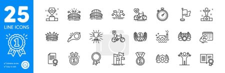 Illustration for Outline icons set. Whistle, Sports arena and Ole chant icons. Flag, Arena stadium, Laureate web elements. Success, Sports stadium, Reward signs. Trophy, Fitness calendar, Laureate award. Vector - Royalty Free Image