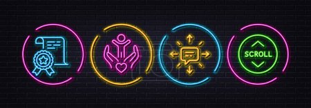 Illustration for Volunteer, Certificate and Sms minimal line icons. Neon laser 3d lights. Scroll down icons. For web, application, printing. Hospice care, Certified file, Conversation. Swipe arrow. Vector - Royalty Free Image