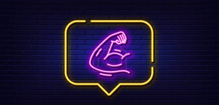 Ilustración de Neon light speech bubble. Strong arm line icon. Strength muscle sign. Gym fit training symbol. Neon light background. Strong arm glow line. Brick wall banner. Vector - Imagen libre de derechos