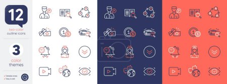Illustration for Set of Search car, Hospital nurse and Usd coins line icons. Include Valet servant, Video camera, Loyalty gift icons. Time management, Scroll down, Search text web elements. Vector - Royalty Free Image