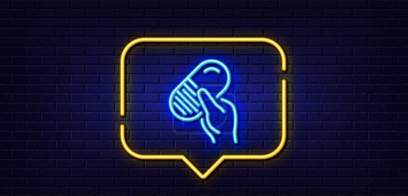 Illustration for Neon light speech bubble. Capsule pill line icon. Medical drugs sign. Pharmacy medication symbol. Neon light background. Capsule pill glow line. Brick wall banner. Vector - Royalty Free Image