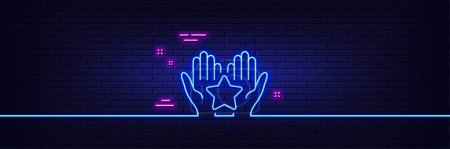 Illustration for Neon light glow effect. Ranking line icon. Holding star sign. Best rank symbol. 3d line neon glow icon. Brick wall banner. Ranking outline. Vector - Royalty Free Image