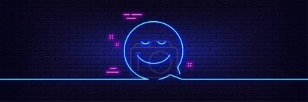 Illustration for Neon light glow effect. Comic speech bubble with Smile line icon. Chat emotion sign. 3d line neon glow icon. Brick wall banner. Smile outline. Vector - Royalty Free Image