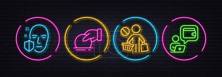 Illustration for Stop shopping, Donate and Face protection minimal line icons. Neon laser 3d lights. Wallet icons. For web, application, printing. No buying, Money charity, Secure access. Online money. Vector - Royalty Free Image