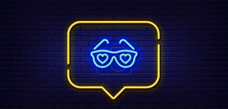 Illustration for Neon light speech bubble. Glasses with hearts line icon. Valentines day spectacles sign. Love accessory symbol. Neon light background. Love glasses glow line. Brick wall banner. Vector - Royalty Free Image