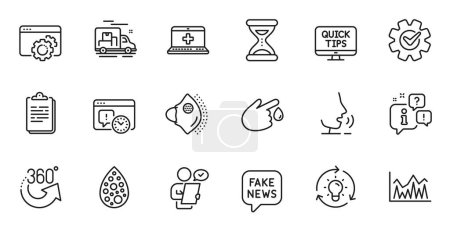 Illustration for Outline set of Idea, Customer survey and Project deadline line icons for web application. Talk, information, delivery truck outline icon. Include Medical mask, Clipboard, Blood donation icons. Vector - Royalty Free Image