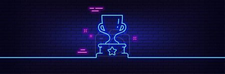 Illustration for Neon light glow effect. Winner cup line icon. Award trophy sign. Best achievement symbol. 3d line neon glow icon. Brick wall banner. Winner cup outline. Vector - Royalty Free Image