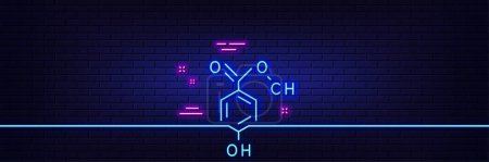 Illustration for Neon light glow effect. Chemical formula line icon. Chemistry lab sign. Analysis symbol. 3d line neon glow icon. Brick wall banner. Chemical formula outline. Vector - Royalty Free Image