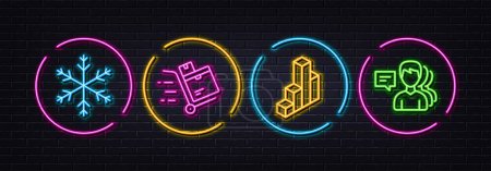 Illustration for Inventory cart, Snowflake and 3d chart minimal line icons. Neon laser 3d lights. People icons. For web, application, printing. Warehouse goods, Snow, Presentation column. Support job. Vector - Royalty Free Image