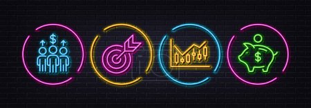 Illustration for Financial diagram, Meeting and Target minimal line icons. Neon laser 3d lights. Piggy bank icons. For web, application, printing. Candlestick chart, Business collaboration, Targeting. Vector - Royalty Free Image