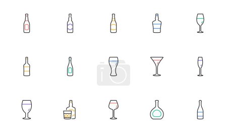Illustration for Bottles line icons. Beer drinks, Wine glass and Whiskey bottle. Champagne linear icon set. Bicolor outline web elements. Vector - Royalty Free Image