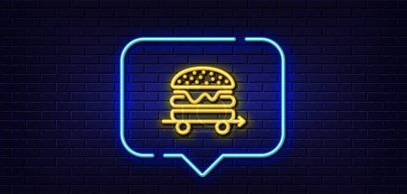 Illustration for Neon light speech bubble. Food delivery line icon. Cheeseburger meal sign. Catering service symbol. Neon light background. Food delivery glow line. Brick wall banner. Vector - Royalty Free Image