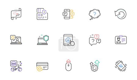 Illustration for Smartphone sms, Call center and Question bubbles line icons for website, printing. Collection of Computer security, Seo gear, Swipe up icons. Change card, Question mark. Vector - Royalty Free Image